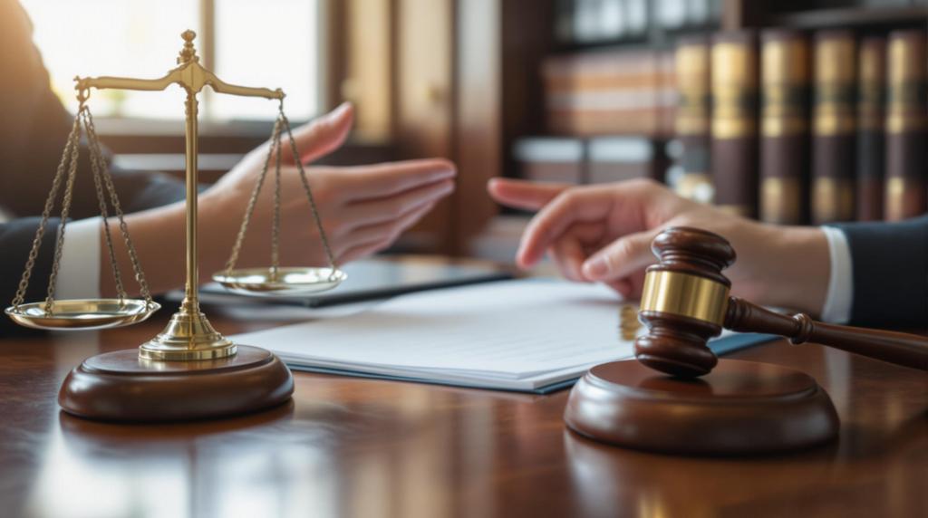 Professional legal office scene with wooden desk, brass scale, walnut gavel, and hands discussing Florida expungement qualifications